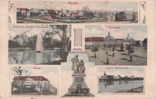 Hanau am Main, Marktplatz, Theater, Schloss Philippsruhe, Gebrüder Grimm Denkmal, Schlosspark -793528