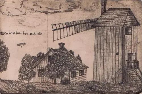 WINDMÜHLE HANDGEMALT BLEISTIFT JAHR 1915