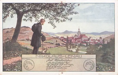 Künstler-AK Ernst Kutzer: Nikolaus Lenau, Wanderer blickt auf die gesamte Stadt -793584