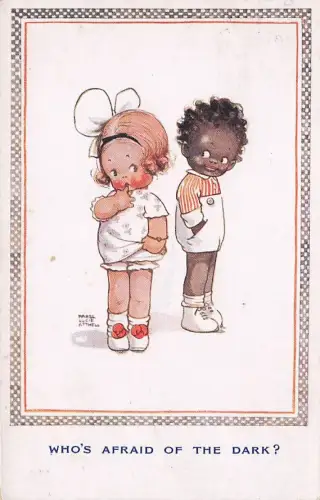 Wer hat Angst vor der Dunkelheit? Mädchen & Junge, MLA-Künstlersignatur, Mabel Lucie Attwell -793740