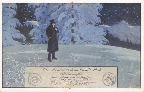 Künstler-AK Ernst Kutzer: Gedicht von Nikolaus Lenau, Mann in einer verschneiten Landschaft -793586