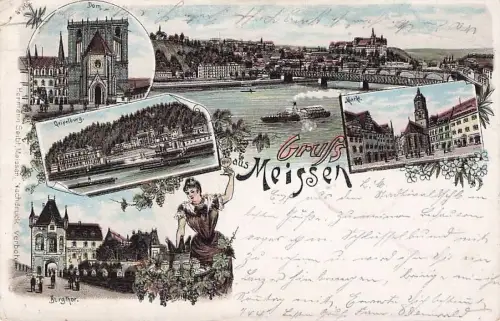 Lithographie Meissen, Dom, Geipelburg, Panorama m. Dampfer -793608