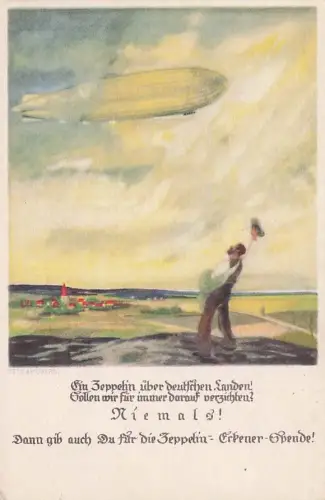 Ansichtskarte Otto Amtsberg: Bauer auf dem Feld winkt zum Zeppelin -793626