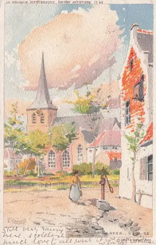 Künstler-AK Dilbeek, L`Eglise, Brunnen vor der Kirche -793592