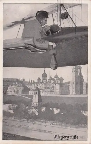 Künstler-AK Pilot im Flugzeug wirft Last über dem Ort ab, Fliegergrüße -793676