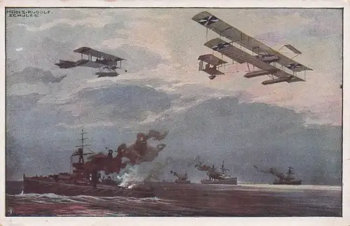 Künstler-AK Hans Rudolf Schulze: Dt. Wasserflugzeuge über engl. Flotte -793632