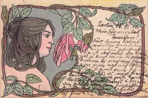 NEUE KUNST - Lithografiekarte um 1900 mit einer jungen Frau