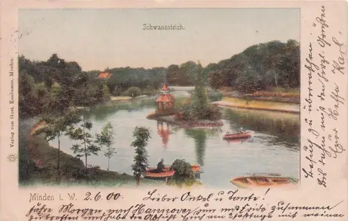 Lithographie Minden, Schwanenteich mit Ruderbooten -793780