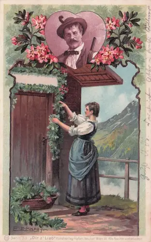 Litho Ak Dirz Lieab Döcker Junge Frau schmückt ihren Hauseingang -793790