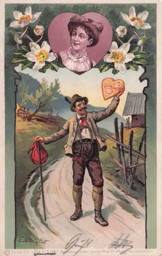 Künstler-Lithographie E. Döcker: Liebespaar in den Alpen, Lebkuchenherz -793792