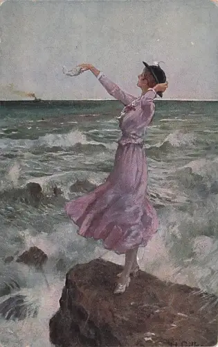 Abschied Frau am Meer winkt mit einem Taschentuch sign. Gitter H. -794062