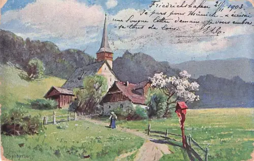 Künstler-AK August Splitgerber: Bergdorf im Frühling -794172