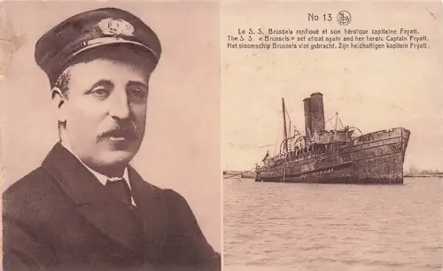 WWI Belgien Belgisches Brüssel SS versenktes Boot und Kapitän 1916 -794402