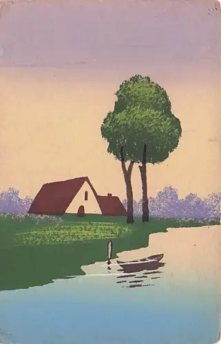 Haus am Fluss Gemälde Naive Malerei -794368