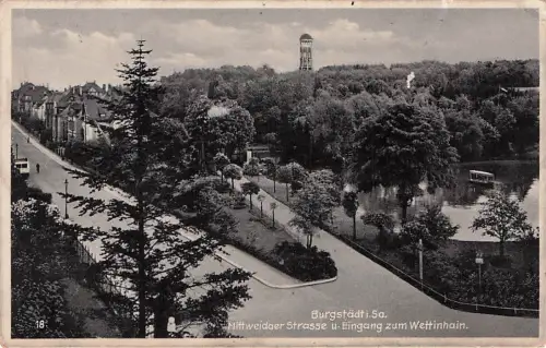 Burgstädt in Sachsen, Mittweidaer Straße und Eingang zum Wettinhain -794264