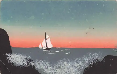 stilisiertes Gemälde einer Meereslandschaft bei Sonnenuntergang handgemalt -794376