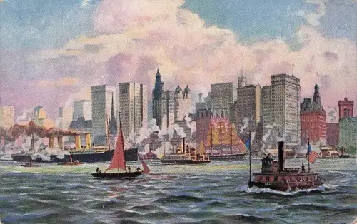 NY Postkarte NYC New York City Skyline Hafenboote Schiffe Piers Gebäude -794414
