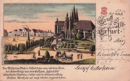 Lithographie Erfurt, Wilhelmsplatz im Jahr 1800 mit Dom und Gasthaus -794546