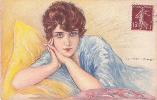 Hübsche Dame Künstler signiert Corbella Italien blaue Augen Mint -794636