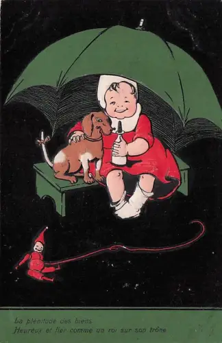 Künstler Ak Kind mit Dackel unter einem Schirm -794696