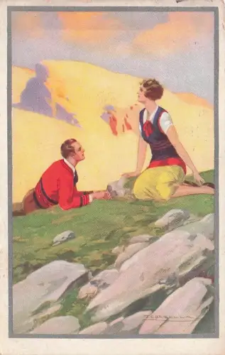1933 Künstlersignierte Art Deco Postkarte: Liebende auf einem Berghang -794650