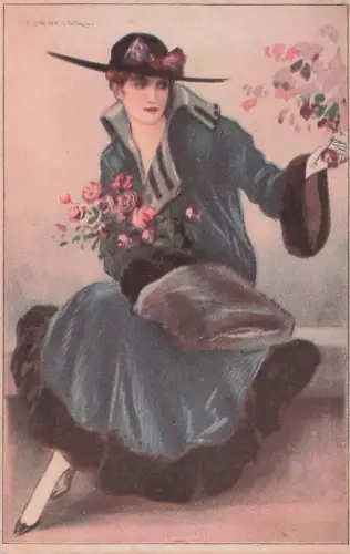 Corbella T-Shirt. Frau in großer Toilette mit Hut. Mode -794652