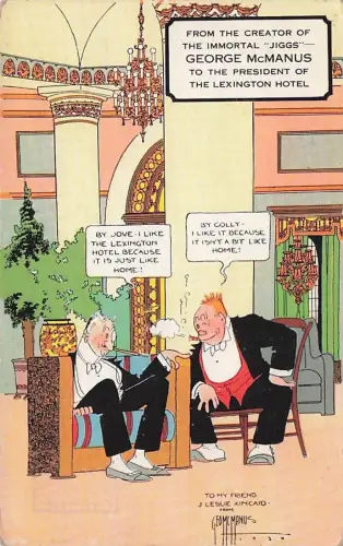 George Mc Manus JIGGS at LEXINGTON HOTEL NYC - 1940s LINEN AD -794774