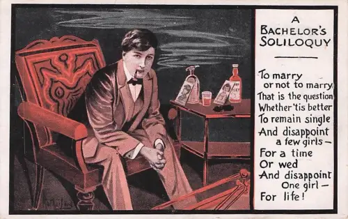 Bachelor wiegt die Vor- und Nachteile von Heiraten (Farblitho) -794824