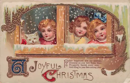 Fröhliche Weihnachten - Kinder und Katze am verschneiten Fenster -794794