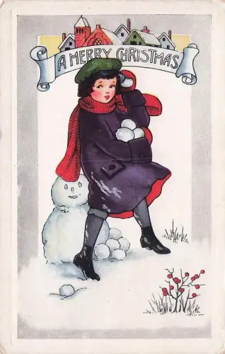 1921 Merry Christmas Postcard Cute Girl Holding Snowballs Next To -794800
