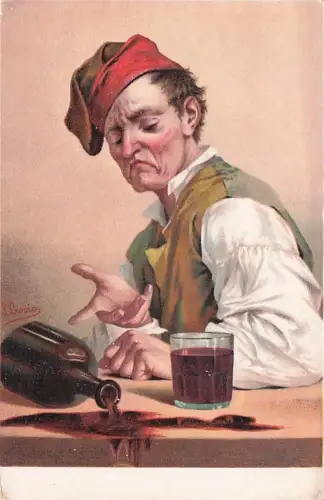 AK Kunstkarte betrunken Mann Kneipe Hut Humor -794834