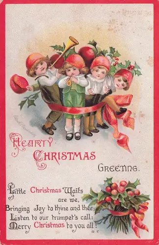 Ellen Clapsaddle Group Of Children Wrapped Large Red Bow And Hats -794798