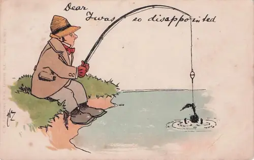 Ein Mann mit Hut und Angel sitzt an einem Gewässer -794886