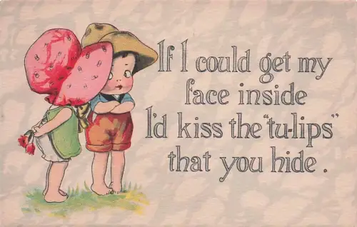 Little Sunbonnet Girl and Little Boy "Kiss the tu-lips" Wordplay c1910 -794956