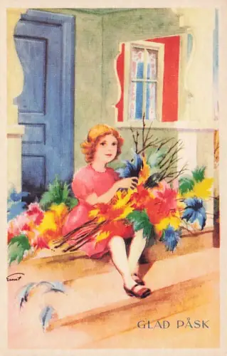Holiday~Swedish Artist~Happy Easter~Young Girl With Flower Bouquet -794812