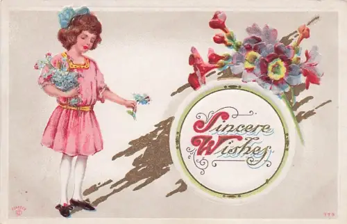 POSTCARD Sincere Wishes Girl in Pink Dress Flowers Purple Red Posted -794942