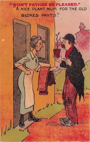 Künstler-Ansichtskarte Mann in Lumpen steht mit Pflanze vor der Haustür einer Frau -795138