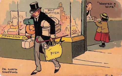 Vintage Tom Browne Comic Postkarte 1908 Shop Front WANTED A WIFE -795180