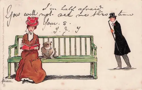 Frau sitzt mit hund auf bank Künstler-AK sign -795148