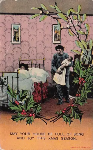 Comic Old Bamforth Christmas PC-Father Walking Baby At Night-Mistletoe & Holly -794992