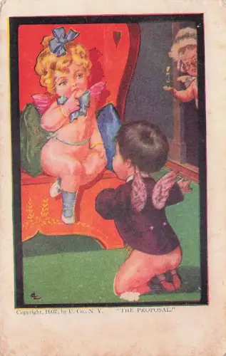 Valentine's Day Postcard Bottomless Cupid Boy Wooing Blonde Cupid Girl -795464