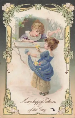 Little Girls Talk Through Window "True Love" Friendship c1910 Vintage -795112