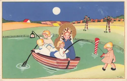 Künstler ak Szene mit engelsähnlichen Figuren in einem Boot auf einem -795436