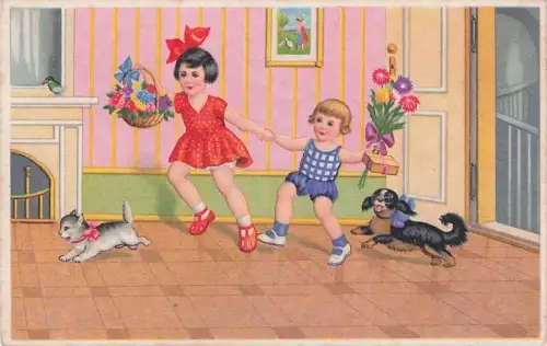 Meisjes unterwegs met bosje bloemen -795342