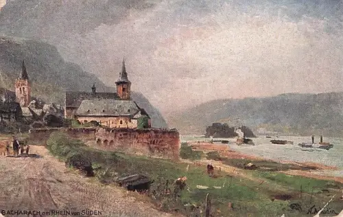 Ansichtskarte Bacharach Rhein Panorama Kuenstlerkarte Kat. Bacharach -795516