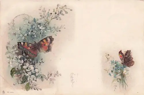 Lithographie Schmetterlinge auf blühenden Blumen -795680