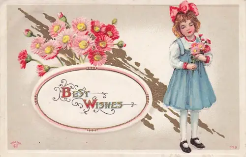 Best Wishes Little Girl Blue Dress Pink Flowers Postcard -795432