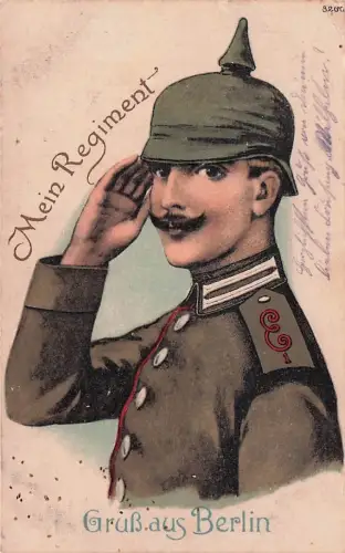 Ansichtskarte Berlin, Soldat mit Pickelhaube salutiert, Mein Regiment -795656