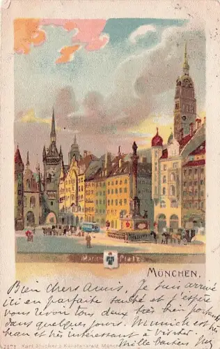 Lithographie München, Marienplatz mit Passanten -795532