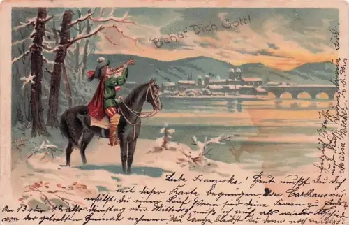 Mailick: Trompeter auf Pferd in winterlicher Landschaft -795840